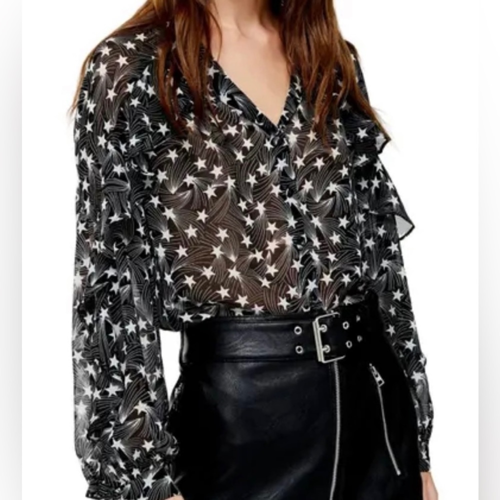 TopShop Star Print Sheer Blouse with Ruffled Sleeves